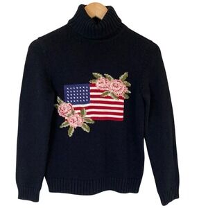 VTG Petite Sophisticat Womens Wide Turtleneck Flag Floral Sweater Size S Navy